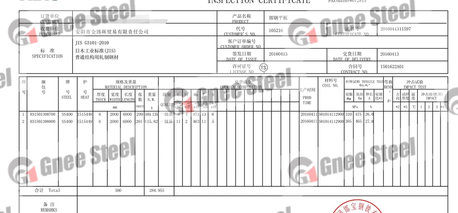 SS400 plate certificate SS400 plate certificate